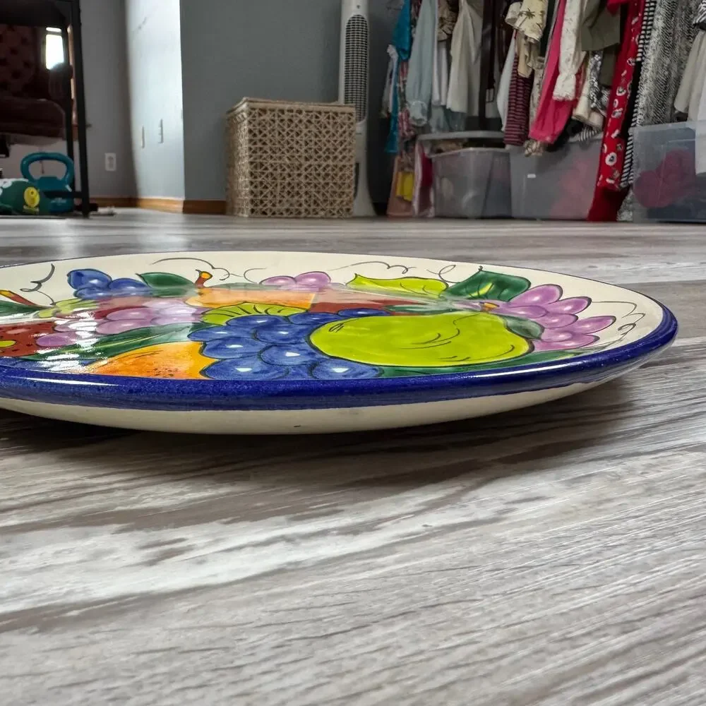 Vintage Mexican Wall Hanging Plate Signed Hand Painted Fruit 11.5” Tuscan Decor